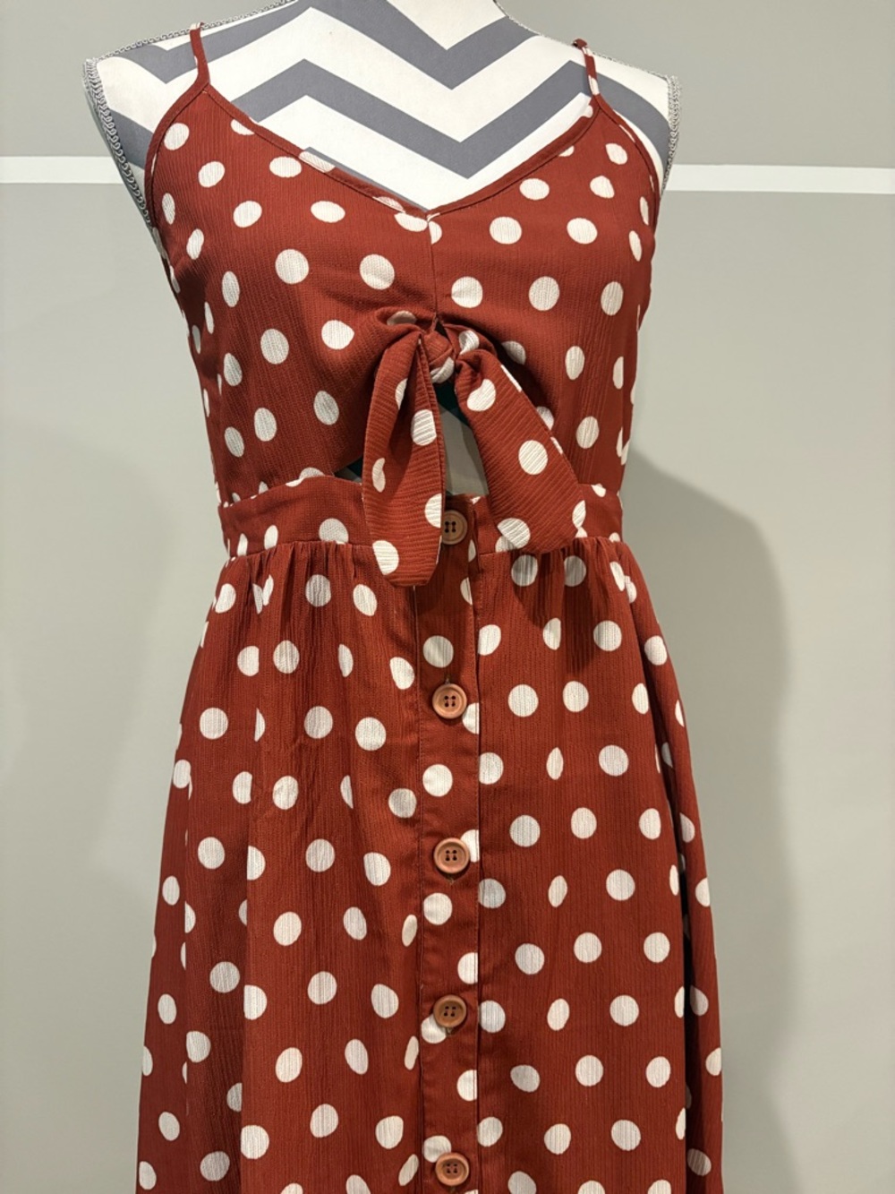 Entro Pretty Woman Vibes Rust and White Polka Dot Tie-Front Sundress